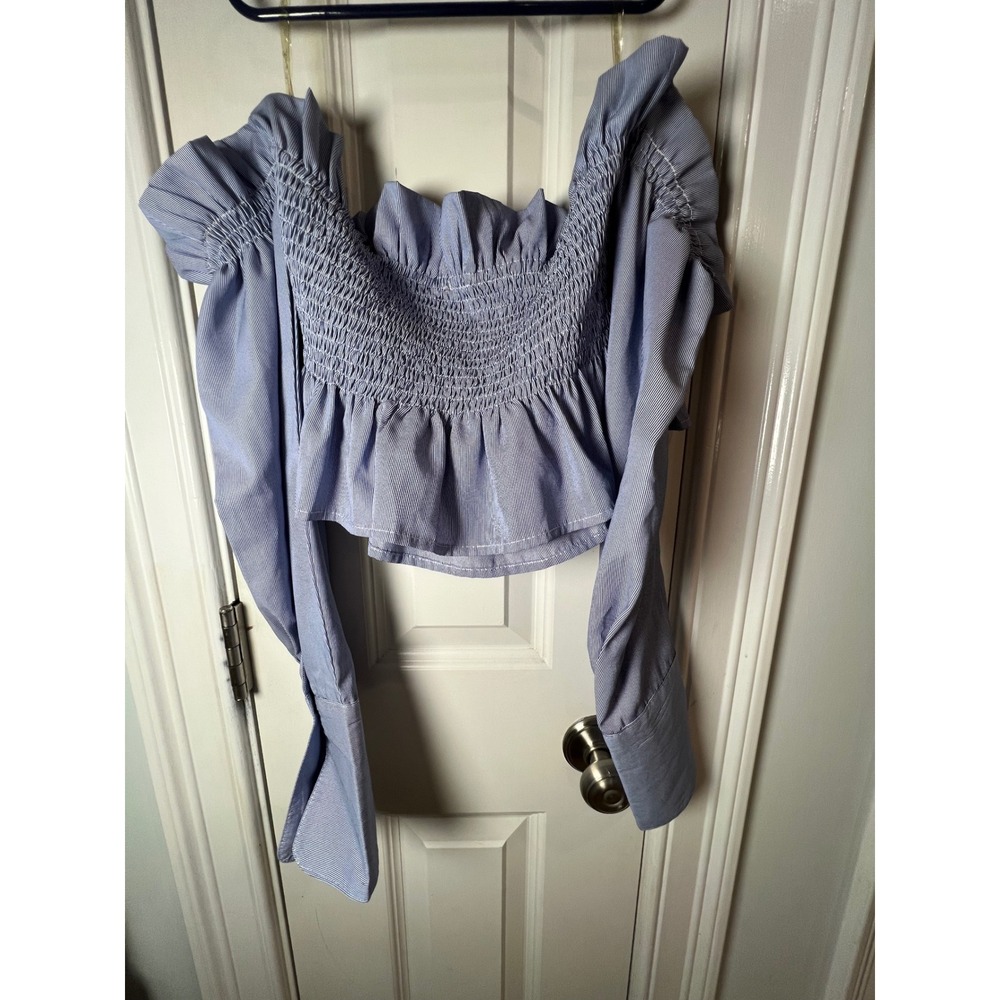 Hot & Delicious Blue Pinstripe Smocked Off Shoulder Crop Top HDT20398 Medium